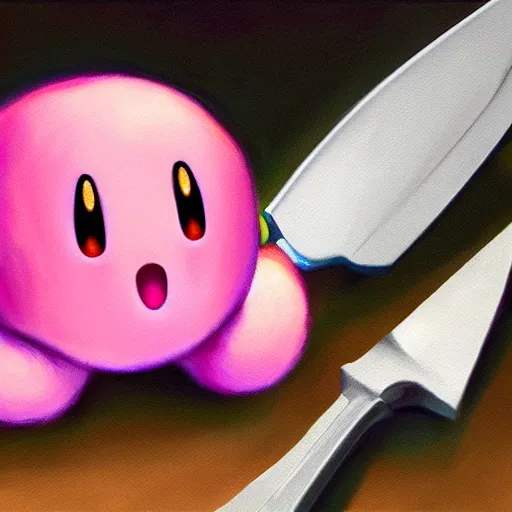 Prompt: Kirby threatening with a knife, oil painting on canvas, 8k, highly detailed, masterpiece soft lighting