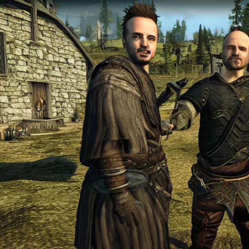Prompt: jesse pinkman gets caught by riften town guard, tamriel, elder scrolls, skyrim, adventuring gear, highly detailed