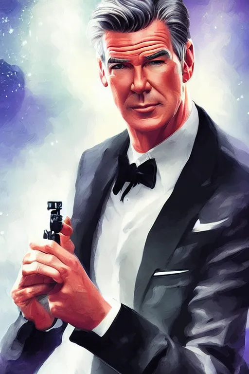 Image similar to Pierce Brosnan as James Bond, digital art by Artgerm and beeple and WLOP