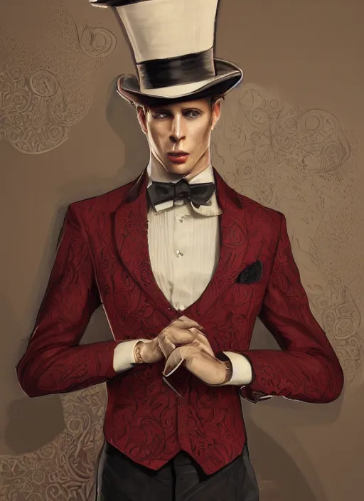 Image similar to a highly detailed illustration of stylish top hat wearing red haired attractive man, clean shaven, hyperdetailed face and eyes, wearing suit vest, nonchalantly leaning back pose, intricate, elegant, highly detailed, centered, digital painting, artstation, concept art, smooth, sharp focus, league of legends concept art, WLOP