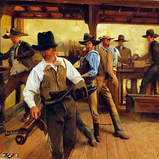 Image similar to cowboys shoot it out in a bar of a western town, 1890s, dynamic, by tom lovell and frank schoonover and dean cornwell and phil hale