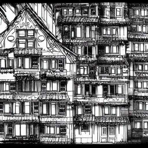 Prompt: a drawing of a house with a lot of windows, concept art by toriyama sekien, pixiv, maximalism, concept art, official art, maximalist