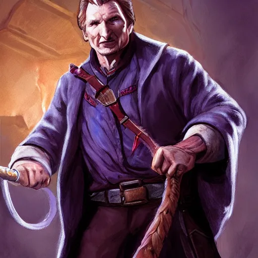 Prompt: Liam Neeson as Burl Gage, Antimage, casting Ghost Whip,, iconic Character illustration by Wayne Reynolds for Paizo Pathfinder RPG