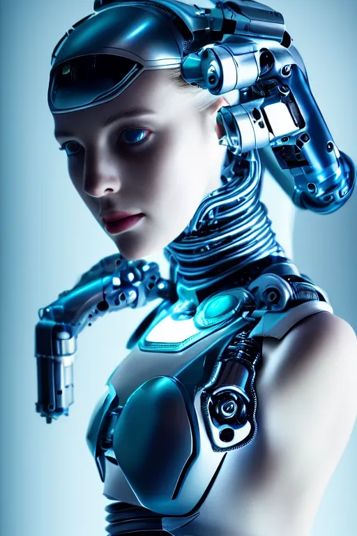 Prompt: cybernetic high tech female android with cat on her head, sci - fi, cyberpunk, futurism, exoskeleton, robotic, symmetry, cinematic, elegant, professional studio light, perfect composition, dlsr photography, sharp focus, 8 k, ultra hd, sense of awe, highly detailed, hyper realistic, intricate, science journal cover