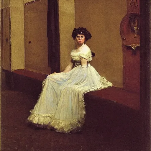 Image similar to a theatre actress waiting for the curtain to fall, by alfred stevens