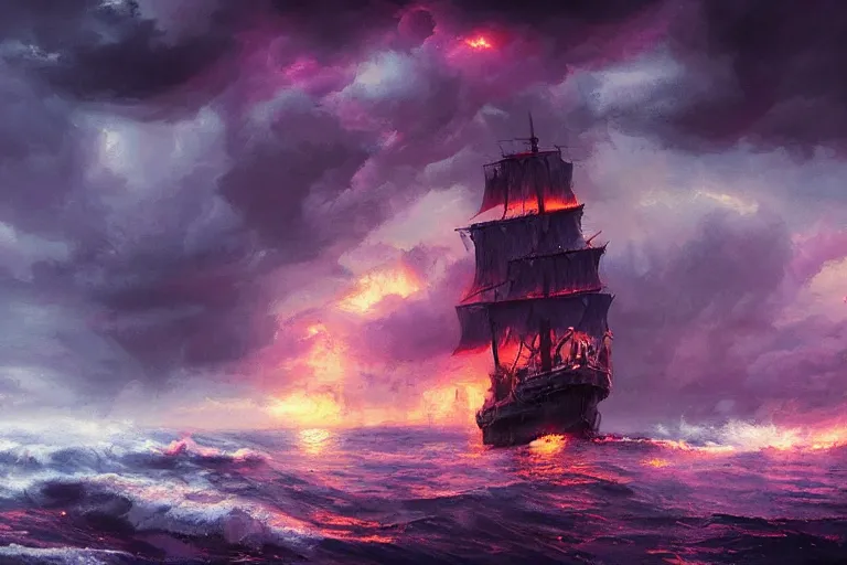 Prompt: a close up pirate ship, violent stormy waters, fiery electrical storm clouds in epic purple sky, dark night, digital art, cinematic, hd, by greg rutkowski, artstation