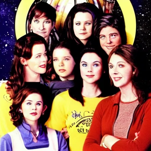 Prompt: gilmore girls in space movie poster from 1 9 9 0 s