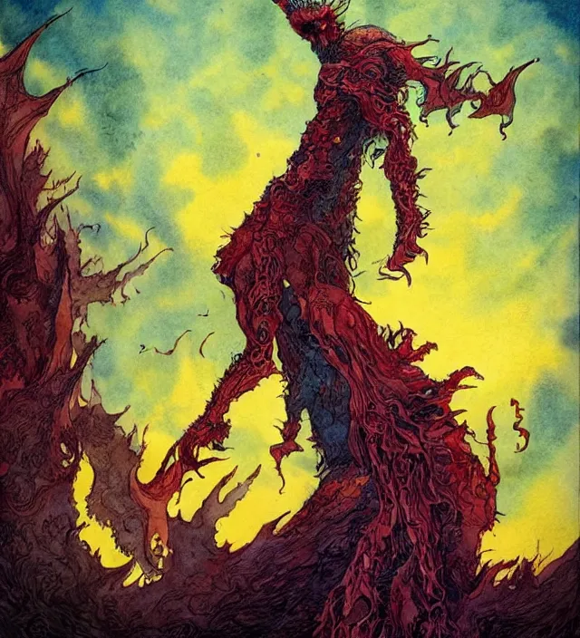 Image similar to a watercolor ink painting of demonic dreadlord summoning monsters from hell in the style of jean giraud in the style of moebius trending on artstation deviantart pinterest detailed realistic hd 8 k high resolution