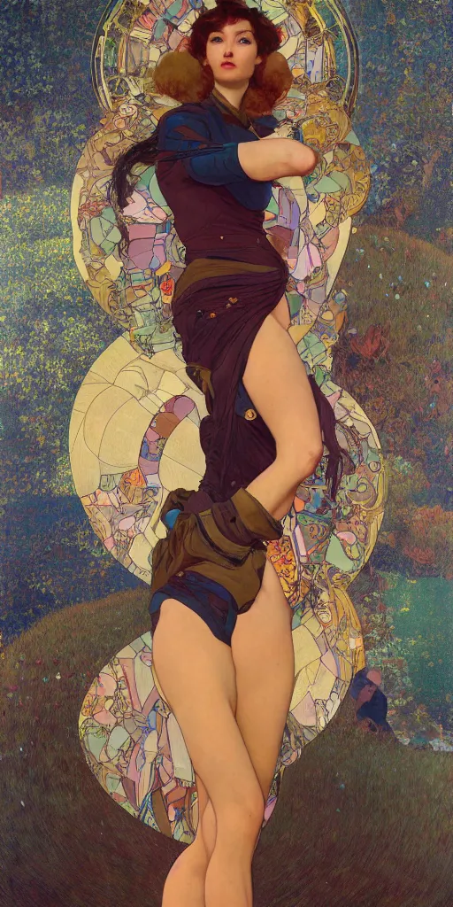 Image similar to modern woman | hyperrealistic | action pose | digital painting | trending on artstation | pinup portrait | clean | illustration | dressed | Unreal Engine 5 | 8k resolution | by Greg Rutkowski Alphonse Mucha Gustav Klimt and Mel Ramos