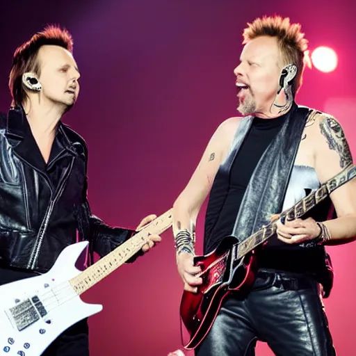 Image similar to matt bellamy from muse and james hetfield from metallica playing on stage, 2 0 1 5 live music video