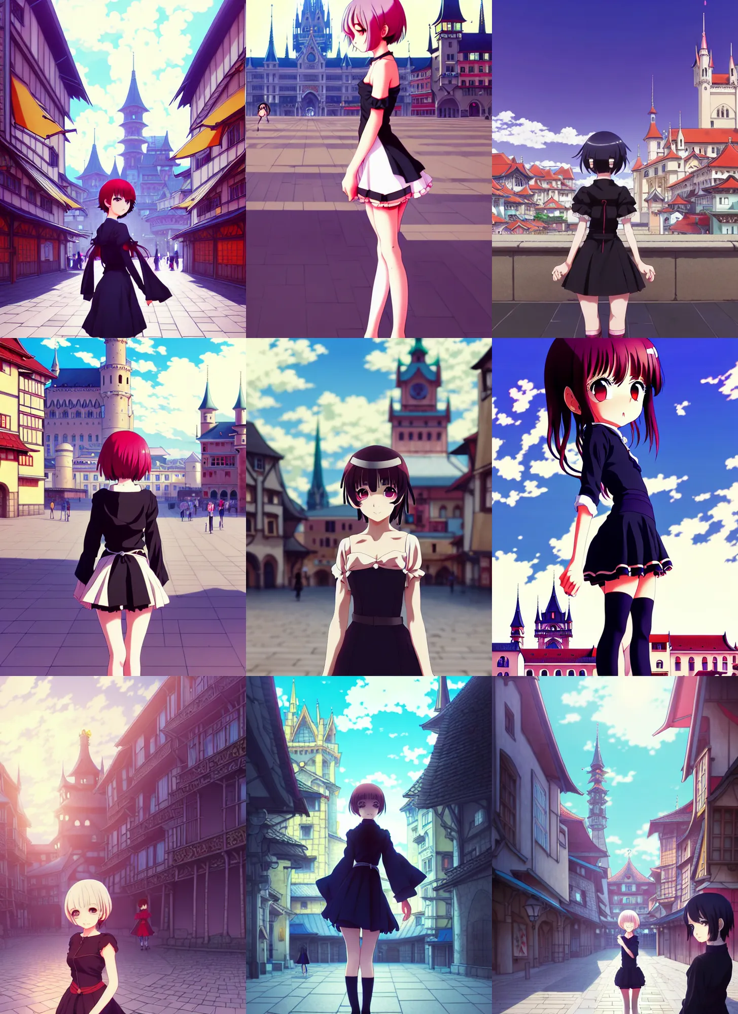 Prompt: anime frames, anime visual, full body portrait of a young woman in the medieval city square looking at the fantasy palace in the distance, cute face by ilya kuvshinov, masakazu katsura, dynamic pose, dynamic perspective, rounded eyes, moody, kyoani, yoh yoshinari