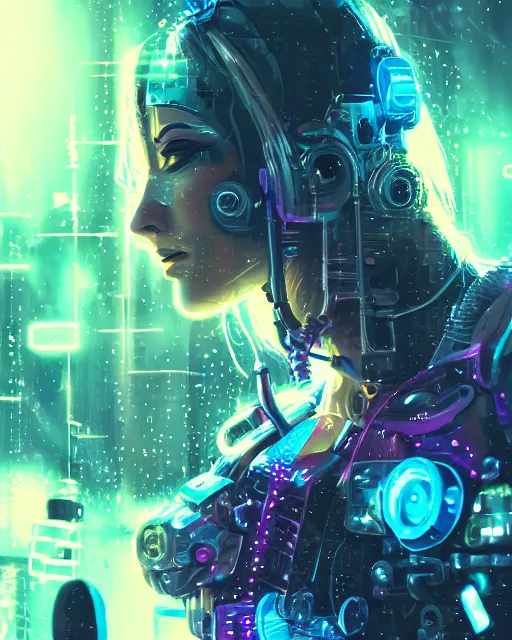 Image similar to a cyberpunk close up portrait of cyborg zeus, electricity, sparks, bokeh, soft focus, sparkling, glisten, water drops, cold, dark, geometric, temples behind her, by paul lehr, jesper ejsing