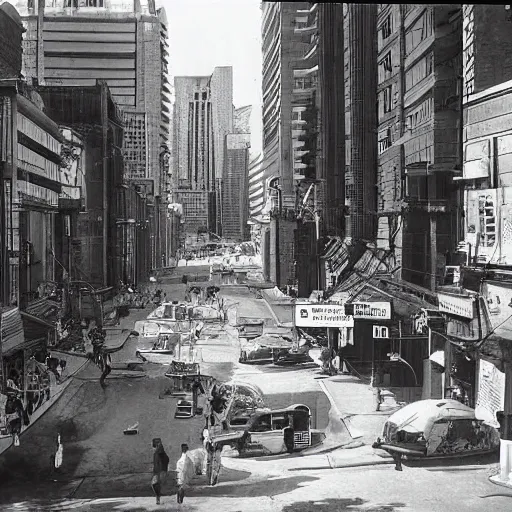 Prompt: old photograph of sci-fi city street