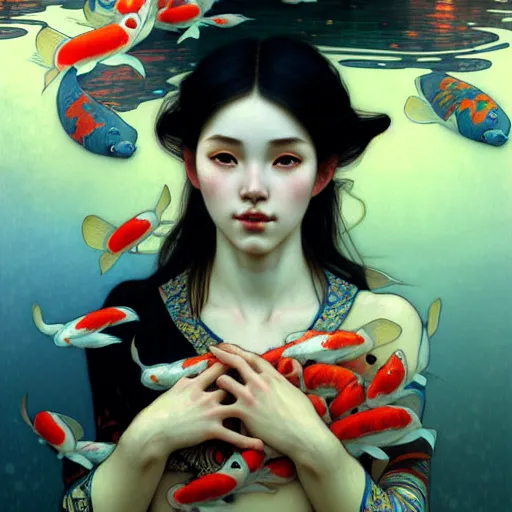 Prompt: Portrait of a girl surrounded by Koi fish, face, fantasy, intricate, elegant, highly detailed, digital painting, artstation, concept art, smooth, sharp focus, illustration, art by Dapeng song and Artem Demura and alphonse mucha