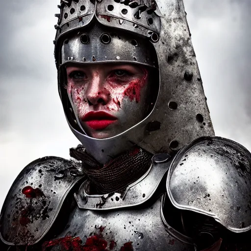 Prompt: head and shoulders portrait of a female knight, dirty used armor, lightly dirty face, light spatter of blood, detailed face, photography by jimmy nelson, dramatic mountain background, edgelit, dark shadows, hq