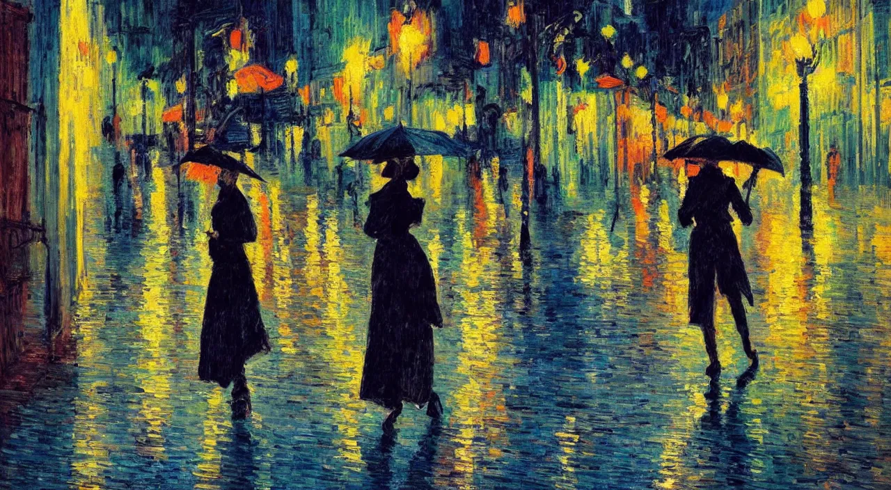 Image similar to evening city scene with young woman with umbrella. beautiful use of light and shadow to create a sense of depth and movement. post - impressionism, using energetic brushwork and a limited color palette, providing a distinctive look and expressive quality in a rhythmic composition