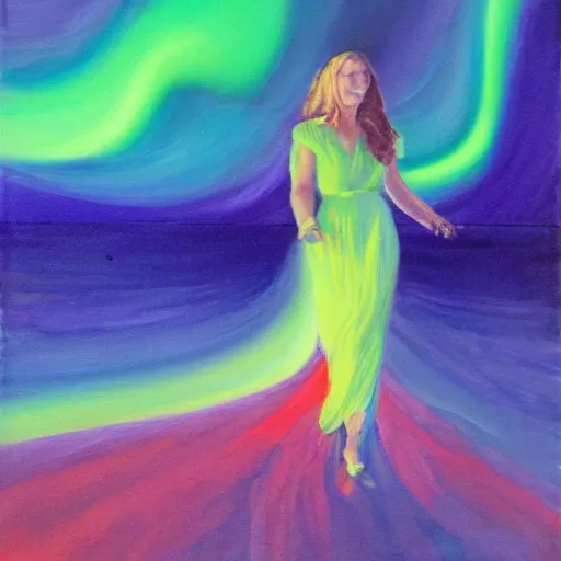 Prompt: a professional painting of a woman wearing a summer dress, the dress looks like the northern lights, 4 k