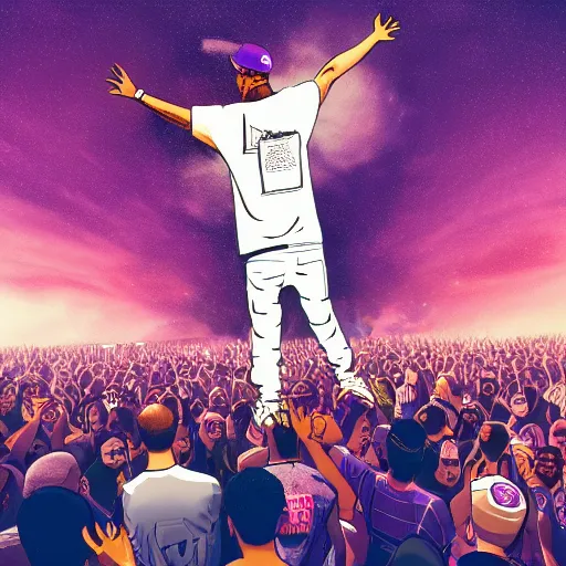 Image similar to rapper leaning over huge crowd reaching up to him, digital art, vapor wave, hip hop, trending on Artstation, professional artist, detailed, 4k