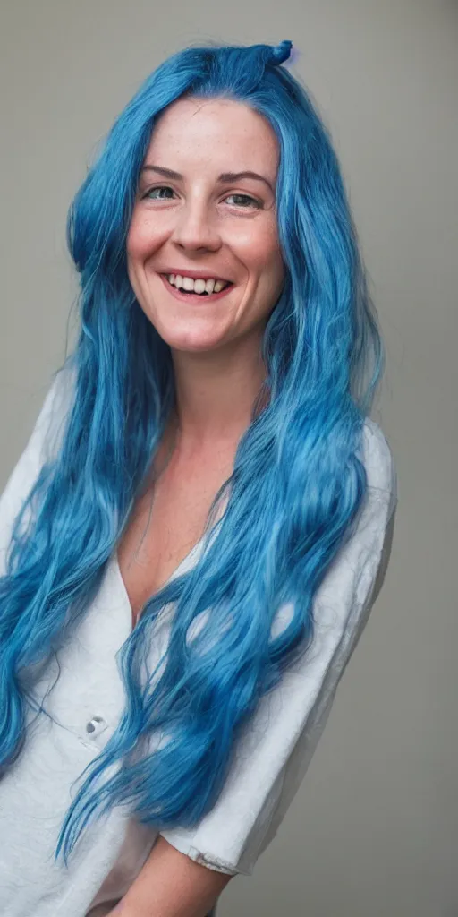 Image similar to emma wattson with blue hair smiling