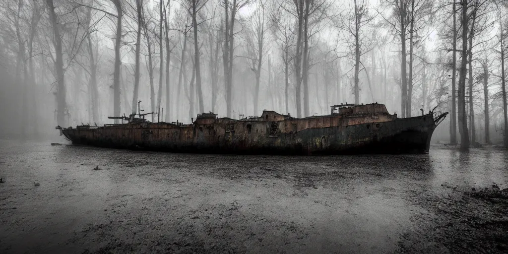 Prompt: abandoned soviet warship in the woods, around everlasting darkness, puddles of water, atmospheric, wide shot, high definition, high detail, foreboding, artstation, foggy