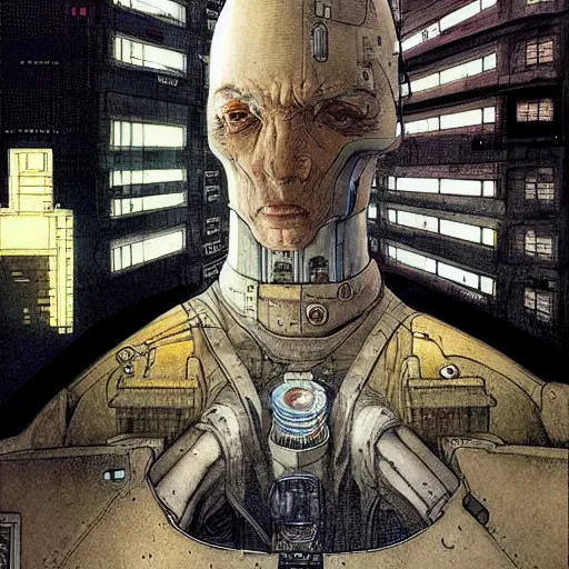 Image similar to Digital portrait of a Ghost in the machine by Enki bilal and Moebius and francois Schuiten, cyberpunk, impressive perspective, masterpiece