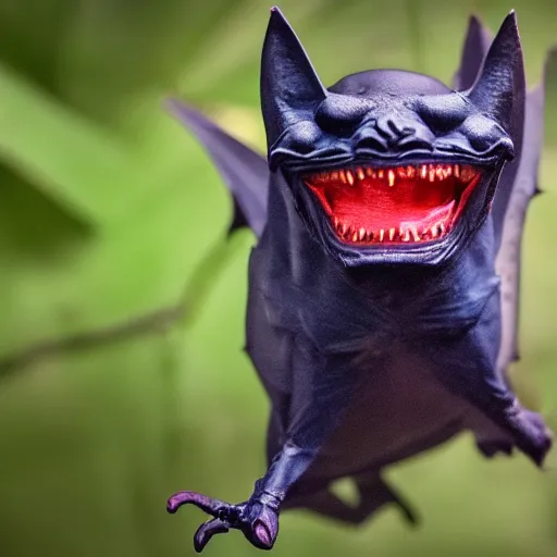 Prompt: detailed photo of scary giant mutant dark blue humanoid pygmy-bat, glowing red eyes, sharp teeth, acid leaking from mouth, realistic, giant, bat ears, bat nose, furred, detailed, 85mm f/1.4