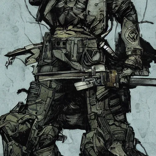 Image similar to hero sitting on a chair holding a sword on his back, looking at a army in the background illustrated by yoji shinkawa, pencil art, extra detail, dynamic, colored, blood, metal swords