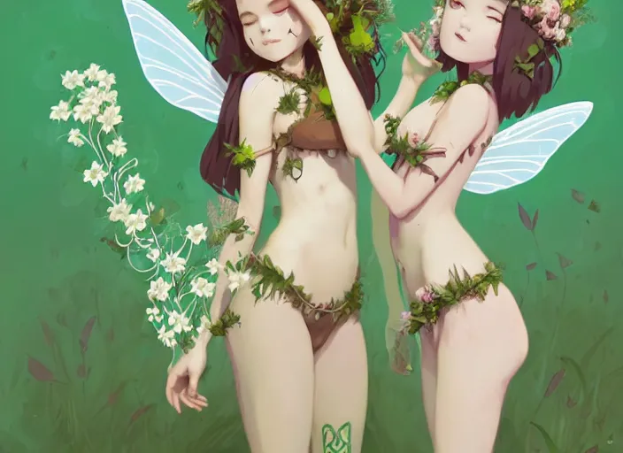 Prompt: two cute fairy girls with crown of flowers in plants bikini covered with celtic rune tattoos kissing, fantasy, by atey ghailan, by greg rutkowski, by greg tocchini, by james gilleard, by joe gb fenton, by in kaethe butcher, dynamic lighting, gradient light green, brown, blonde cream and white color in scheme, grunge aesthetic
