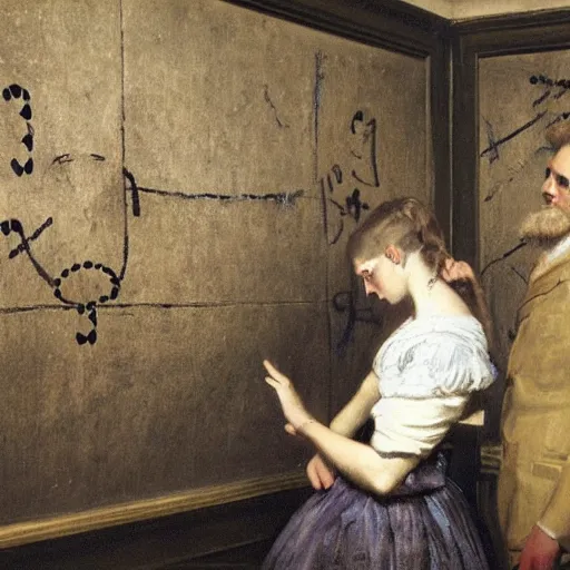 Image similar to a young man and a young woman solving an escape room puzzle, mysterious markings on the wall, by alfred stevens