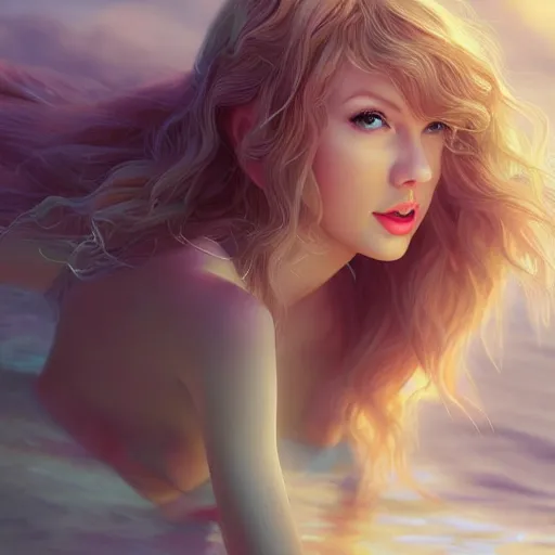 Prompt: taylor swift as a mermaid, detailed features, slim, by artgerm in the style of ilya repin, artstation, octane render, 8k