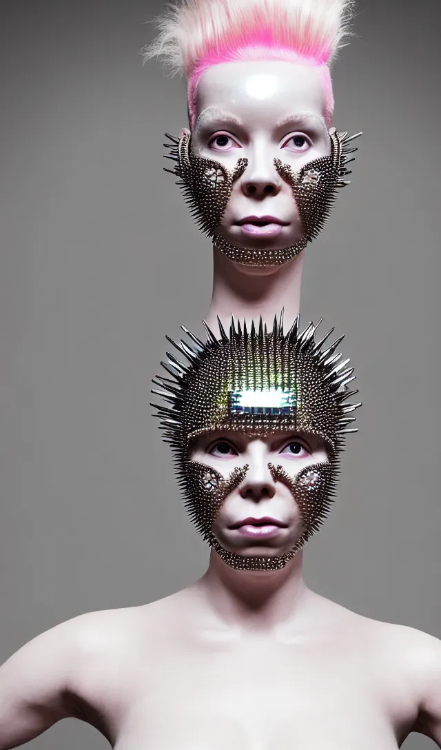 Image similar to portrait of a biomechanical goddess wearing a steel spikes studded iridescent beauty mask and pink hair buns, wearing a black bodysuit by alexander mcqueen, cream white background, soft diffused light, biotechnology, humanoid robot, perfectly symmetric, bjork aesthetic, translucent, by rineke dijkstra, intricate details, highly detailed, masterpiece,