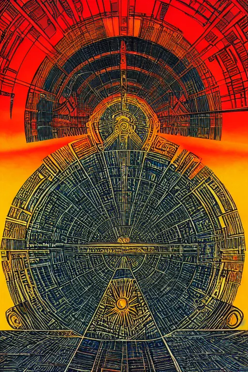 Image similar to a blazing geometric sun above a techno monolithic temple, detailed, 4 k, warm colours, by stanley donwood and philippe druillet,