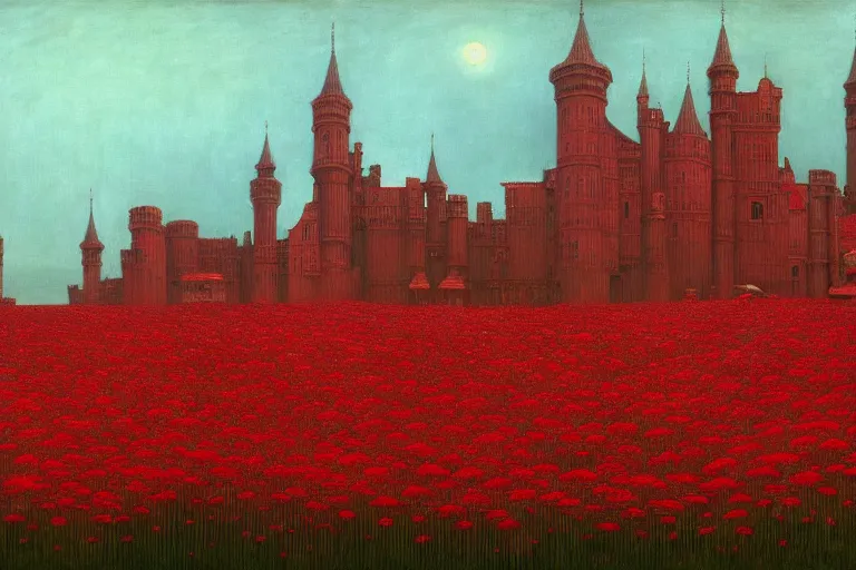 Image similar to only with red, red flowers of different types, red castle in background, red medieval goblins, in the style of beksinski, parts by edward hopper, parts by rodcenko, parts by yue minjun, intricate and epic composition, red by caravaggio, insanely quality, highly detailed, masterpiece, red light, artstation, 4 k