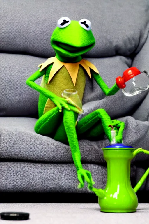 Image similar to candid photo of kermit the frog sitting on the couch hitting a bong, kermit the frog in ted ( 2 0 1 2 ) bong scene, kermit the frog using a bong, kermit smoking weed, bong rip, high resolution photo, trending on artstation, interior design,