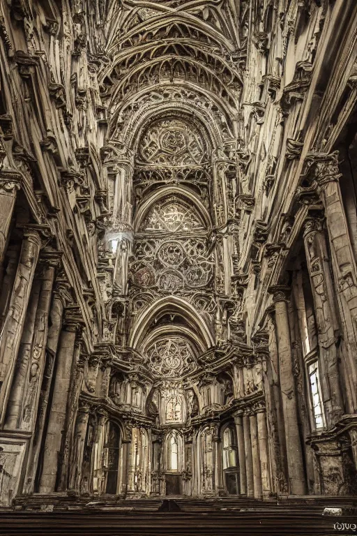 Image similar to photo inside an abandoned cathedral, ornate highly detailed intricate