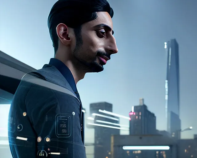 Image similar to highly detailed portrait of riz ahmed as an android, in detroit : become human, stephen bliss, unreal engine, fantasy art by greg rutkowski, loish, rhads, ferdinand knab, makoto shinkai and lois van baarle, ilya kuvshinov, rossdraws, tom bagshaw, global illumination, radiant light, detailed and intricate environment