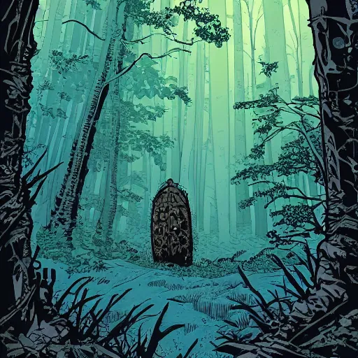 Prompt: a large doorway in the woods that leads to a strange land, highly detailed, smooth, sharp focus, bold warm and cool colours, high contrast, background depth, graphic novel, art by laurie greasley and mike mignola,