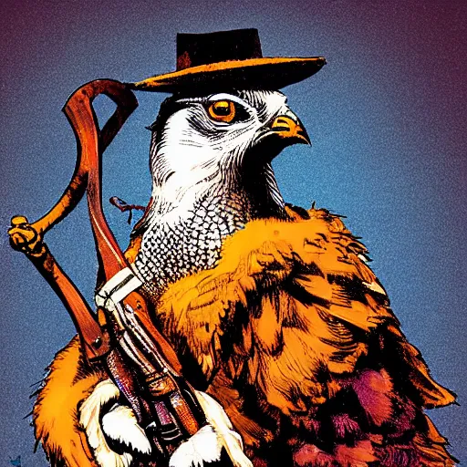 Prompt: a grouse holding a blunderbuss, comic book style, by frank miller, dramatic lighting, high quality, highly detailed