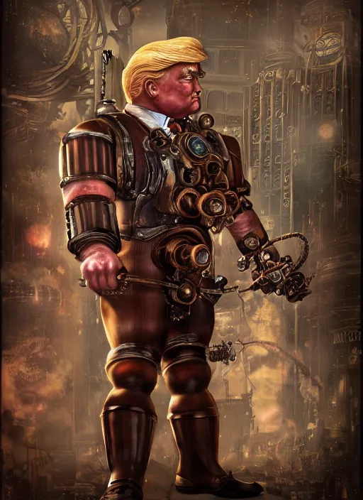 Prompt: steampunk bioshock donald trump is a muscular bodybuilder, au naturel, hyper detailed, digital art, trending in artstation, cinematic lighting, studio quality, smooth render, unreal engine 5 rendered, octane rendered, art style by klimt and nixeu and ian sprigger and wlop and krenz cushart.