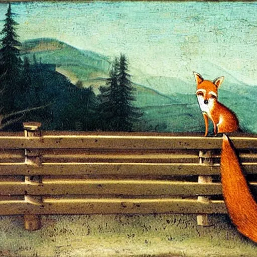 Prompt: one lone fox ontop a wooden fence, painted by da vinci