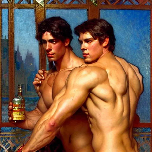 Prompt: attractive muscular bro and muscular attractive broseph, drinking their hearts out, boys night out. highly detailed painting by gaston bussiere, craig mullins, j. c. leyendecker, alphonse mucha 8 k