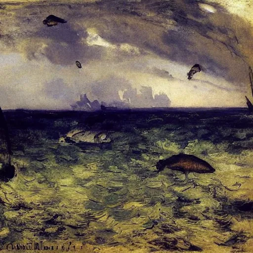 Prompt: underwater scene of a coral reef teeming with aquatic life, by Gustave Courbet Edouard Manet Jean-Francois Millet