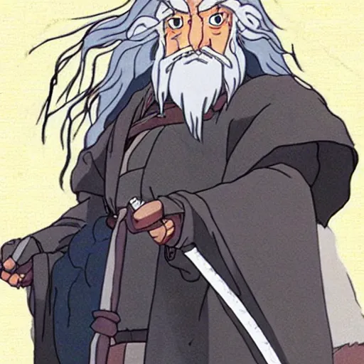 Image similar to gandalf from the anime lord of the rings (1986), studio ghibli, very detailed, hyperrealistic