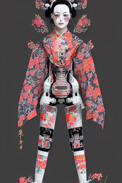 Image similar to full body portrait of a generative design exoskeleton Japanese robot geisha with kanji tattoos and decals wearing a digital pixelated kimono, intricate design, photorealistic, octane render, raytraced, ultra fine detailed, character design, trending on artstation