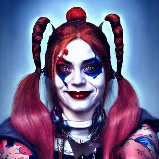 Prompt: Harley Quinn but she's a beautiful ape with long pony tails on either side of her head, mucha, mayhem, illustration, by James Jean, artgerm, octane render, by John Coltrane and Marc Simonetti, Manic, inspired by Greg rutkowski, colorful, studio lighting, high detail of the face, full body