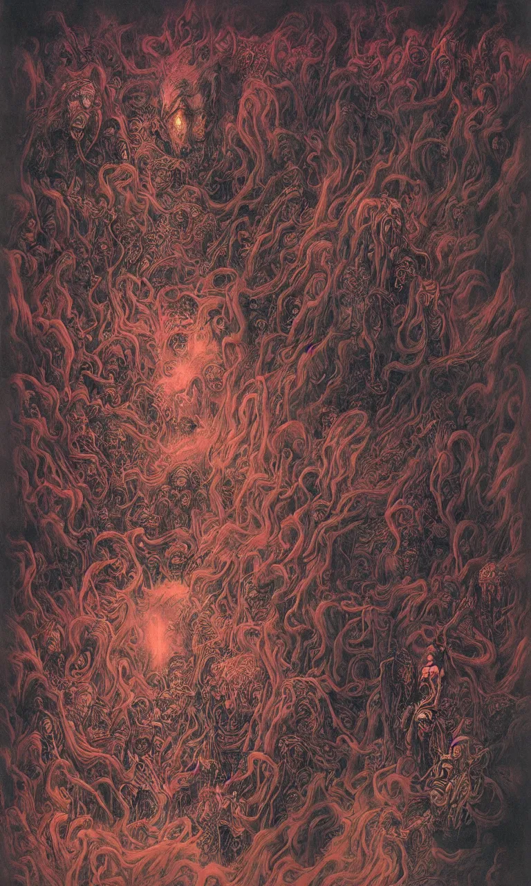 Image similar to zhongyuan festival, chinese ghost festival, king of hell, inside page of comic book, psychedelic lights and fog, in the style of zdzislaw beksinski, ayami kojima, takato yamamoto, barclay shaw, karol bak, glowing light and shadow, hyperrealist