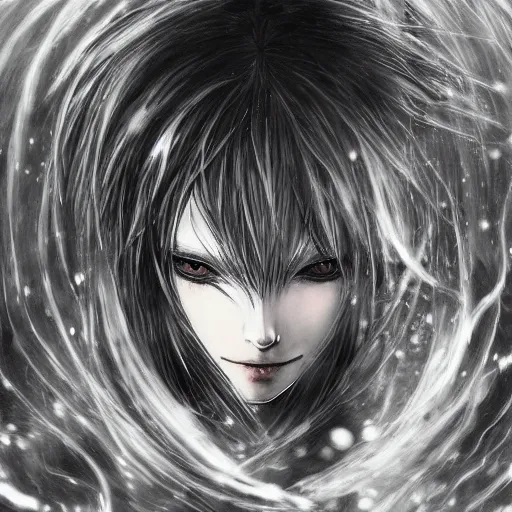 Image similar to Yoshitaka Amano blurred and dreamy illustration of an anime girl with wavy white hair and cracks on her face wearing Elden ring armour with the cape fluttering in the wind, abstract black and white patterns on the background, noisy film grain effect, highly detailed, Renaissance oil painting, weird portrait angle