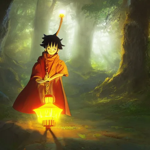 Image similar to concept art painting of an anthropomorphic luffy wearing a yellow cloak, holding a lantern, in the deep forest, realistic, detailed, cel shaded, in the style of by isaac asimov and marc simonetti and makoto shinkai and greg rutkowski and james gurney