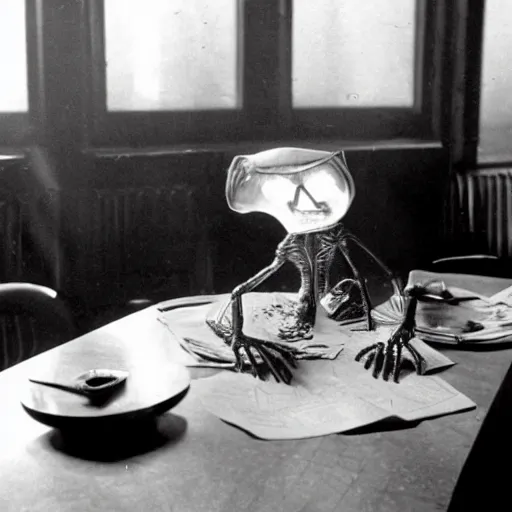 Image similar to an alien sits at a table on new year's eve in a soviet union apartment, top secret style, old photo