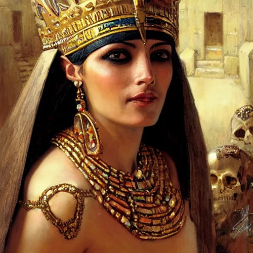 Prompt: elegant egyptian queen woman by a cemetary, detailed face, with a crown of skulls, skull earings, painting by Gaston Bussiere, Craig Mullins n 6 s 150